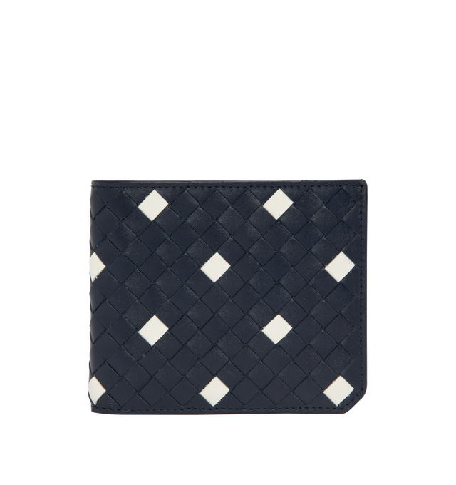 Image 1 of 3 - BLUE - BOTTEGA VENETA Intrecciato Piccolo Bi-Fold Wallet featuring calf leather wallet with polka dots, eight card slots, two note compartments and two additional pockets. The VN Preserve calf leather is realized through the BioBasedLeather process, which ensures a limited presence of petrol-based components and exclusive reliance on renewable energy sources. Calf leather. 3.7" x 4.3" x 0.4". Made in Italy.
