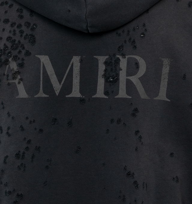 Image 4 of 4 - BLACK - AMIRI MA Logo Shotgun Zip Hoodie featuring double zip front closure, ribbed hem and cuff, distressing throughout and logo on front and back. 100% cotton. 