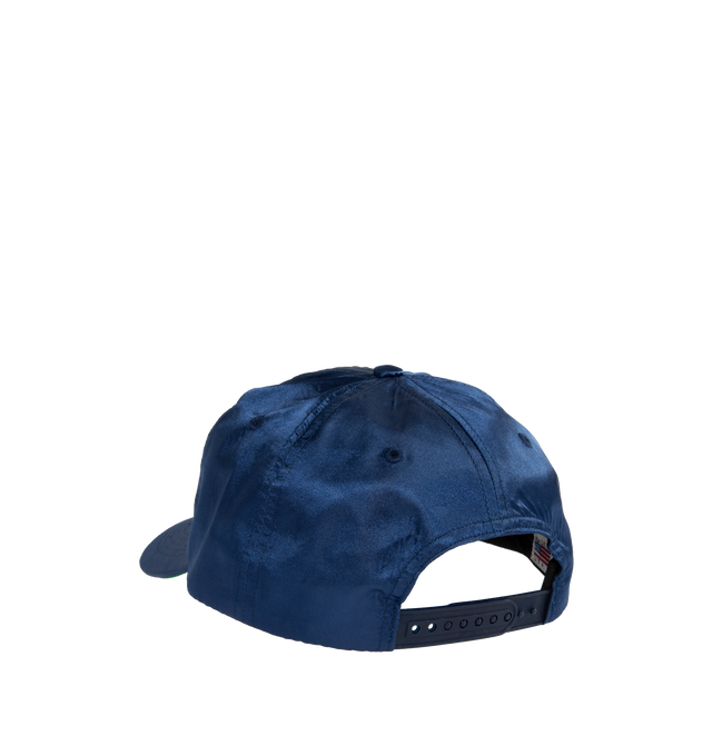 Image 2 of 2 - NAVY - NOAH Team Structured 6-Panel Hat featuring embroidered eyelets, adjustable snapback closure and embroidered graphic on front. 100% Japanese polyester satin with 100% cotton twill under visor. Made in USA. 