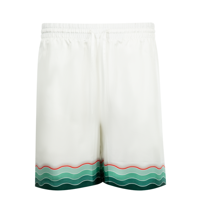 Image 1 of 3 - WHITE - CASABLANCA Montagne Ondulee Silk Short featuring all-over printed design, silk twill fabric, an elasticised waistband, drawstring fastening, in-seam side pockets, a back pocket and Memphis wave-inspired stripe edge detail on the hem and back pocket. 100% silk. Made in Italy.