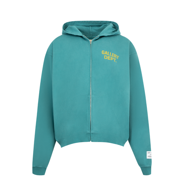 Image 1 of 3 - GREEN - GALLERY DEPT. 90's Full Zip Hoodie featuring concealed zip fastening at front, relaxed fit, hood, long sleeves, brand patch at sleeve, brand print, kangaroo pocket at front and ribbed trims. 100% cotton. Made in USA.