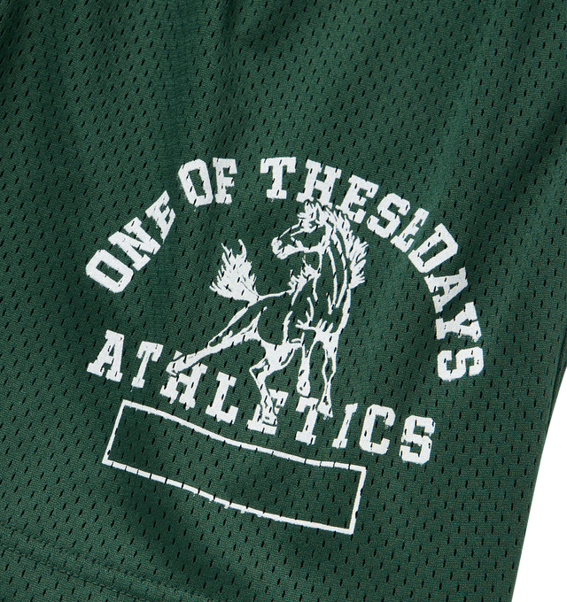 Image 3 of 3 - GREEN - ONE OF THESE DAYS Mustang Athletics Mesh Drawstring Shorts featuring soft mesh, elastic waist with internal drawcord and side-seam pockets. 100% polyester.