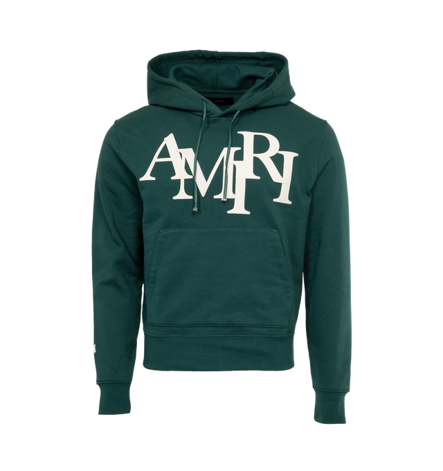 Image 1 of 3 - GREEN - AMIRI Staggered Logo Hoodie featuring slouchy hood, drop shoulder, front pouch pocket, straight hem and embroidered logo at the chest and back. 100% cotton.  