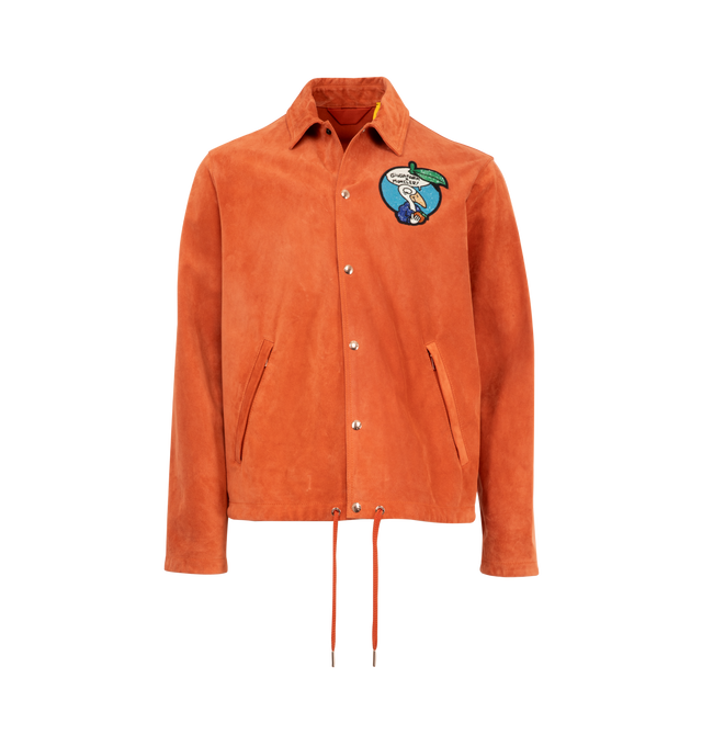 Image 1 of 3 - ORANGE - Moncler x Gilga Farm Designed by Donald Glover Navel Suede Shirt Jacket is inspired by creative life on Donald Glover's Gilga Farm. The Moncler Genius suede overshirt is embellished with beaded motifs depicting the Mon Duck character at the farm. The shacket's color palette references sunsets seen over the Californian farm. Crafted from cow leather suede featuring snap button closure, zipped pockets, hem with drawstring fastening and beaded logo motifs at the side and back. Made in I
