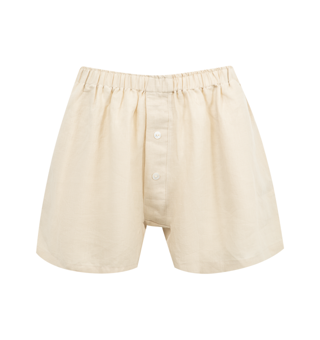 Image 4 of 6 - NEUTRAL - DEIJI STUDIOS 03 Set featuring an oversized box fit linen shirt with wide arms and a front pocket designed to sit mid rise. Loose fitting boxer style shorts have a faux button down fly and an elastic waist for extra comfort. 100% GOTS certified organic, OEKO-TEX 100 certified and EU certified stone washed french linen.