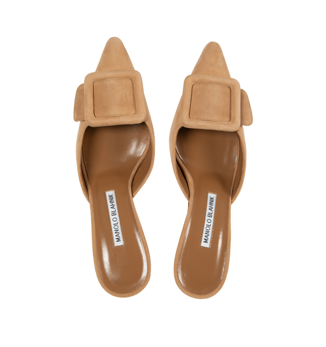 Image 4 of 4 - BROWN - MANOLO BLAHNIK Maysale 70 Suede Mules featuring a decorative buckle, pointed toe and slip on. 70mm heels. Suede leather. Made in Italy 