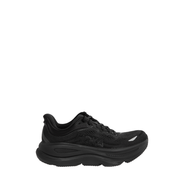 Image 1 of 5 - BLACK - HOKA W Bondi 9 Sneaker featuring performance mesh upper, cushioned collar and tongue, removable contoured insole, supportive midsole, textile lining, lace-up closure, round toe and rubber sole.