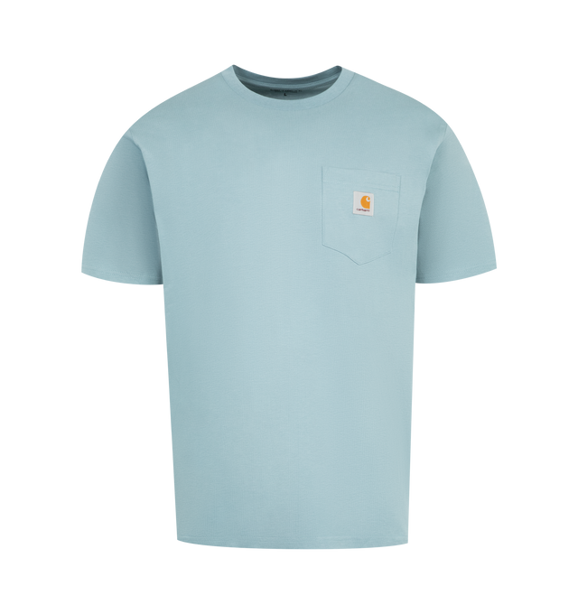 Image 1 of 2 - BLUE - CARHARTT WIP Pocket T-Shirt has a crew neck, chest pocket, and signature logo patch. 100% cotton.