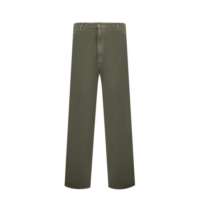 Image 1 of 3 - GREEN - ORSLOW Dad's Fit Oxford Painter Pants featuring a wide-fit, 12.5oz denim, button zip fly, belt loops, 4 style pocket and one pocket on leg seem. 100% cotton. Made in Japan.