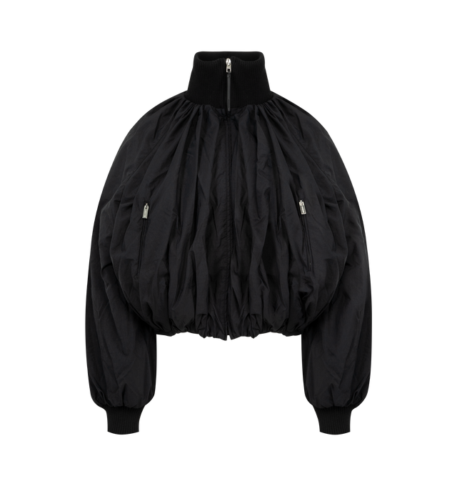 Image 1 of 3 - BLACK - JACQUEMUS Pallone Bomber Jacket featuring parachute bomber with a rounded fit, matte lightweight nylon, draped outer shell, ribbed funnel collar, cuffs and hem, zipped closure with long leather puller, zipped pockets, wadded interior and fully lined. 96% polyamide, 4% polyurethane. Lining: 55% cotton, 45% polyester. Made in Tunisia.