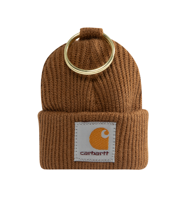 Image 1 of 2 - BROWN - CARHARTT WIP Mini Watch Hat Keychain featuring soft rib knit construction, woven Square Label on the front and metal keyring.
