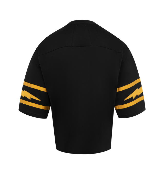 Image 2 of 2 - BLACK - RHUDE Monaco Football Jersey featuring crewneck, oversized sleeves, cropped fit, logo graphic and text printed at front and dropped shoulders. Made in United States.