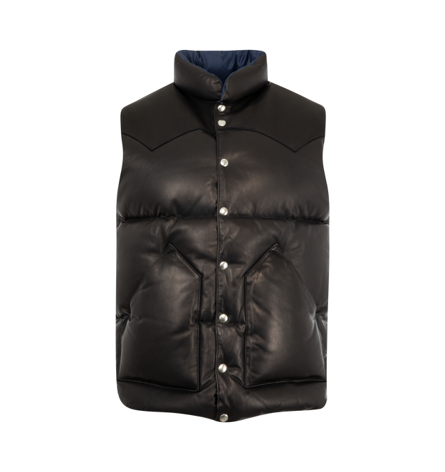 Image 1 of 3 - BLACK - Kaptain Sunshine Leather Vest has a stand collar, a snap button closure, and side pockets. 90% down, 10% feather fill. 100% sheepskin outer. Made in Japan.
