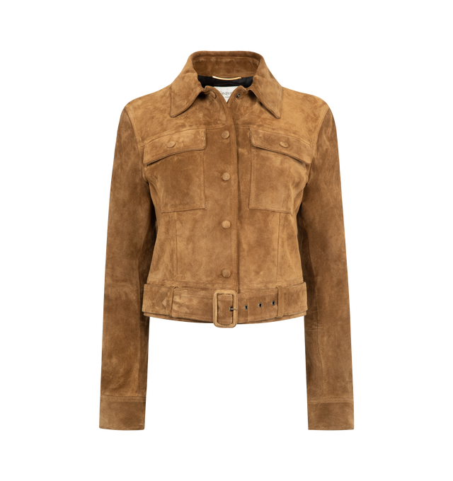 Image 1 of 3 - BROWN - SAINT LAURENT Jacket in vintage split leather featuring short jacket with a pointed collar, straight shoulders, adjustable belt at the hem, silk lining, front button closure, two patch pockets with buttoned flap at the chest, one inner welt pocket and one-button cuffs. 100% calfskin. Made in Italy. This item may be restricted for online purchase to international clients. For assistance purchasing this item please contact our dedicated stylist team at personalshopping@hirshleifers.com