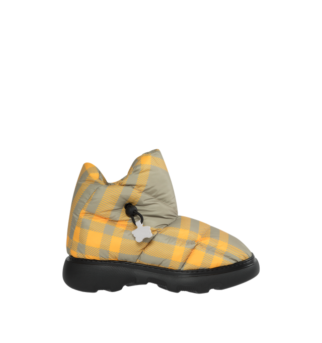 Image 1 of 4 - YELLOW - BURBERRY Check Pillow Boots featuring a rounded toe, drwcord closure and checked insole with Burberry lettering at sole and Equestrian Knight tags.100% polyester upper. 30% polyamide / 30% polyester / 20% brass / 20% thermoplastic polyurethane trim.  56% polyamide / 30% cotton /14% elastane lining. 85% EVA / 15% thermoplastic polyurethane sole. Made in Italy. 