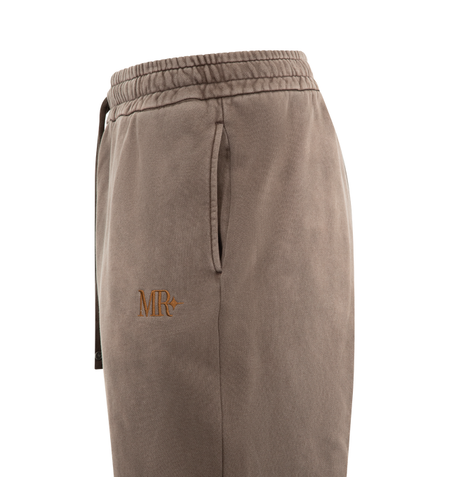 Image 3 of 3 - BROWN - MIDNIGHT RODEO Mr Sweatpant featuring relaxed-fit sweatpants, washed cotton construction, elastic waistband with drawstring closure, side seam pockets, tonal MR logo embroidery, distressed detailing throughout and wide leg silhouette. 100% cotton.
