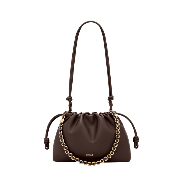 Image 3 of 6 - BROWN - LOEWE Medium Flamenco Purse featuring a lightweight and soft bag with a ruched shape, historical knot drawstrings, shoulder, crossbody or hand carry, detachable donut chain with Anagram Pebble, detachable and adjustable leather strap, magnetic closure, suede lining and embossed LOEWE. Mellow nappa lambskin. 20 cm x 30 cm x 10.5 cm. Made in Spain.