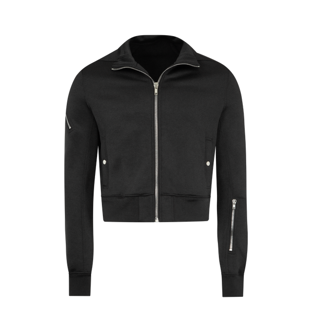 Image 1 of 3 - BLACK - RICK OWENS Rev Track Jacket featuring cotton-blend fleece track jacket, rib-knit stand collar, hem, and cuffs, zip closure, welt pockets at front and zip pocket at sleeves. 52% polyester, 48% cotton. Trim: 97% polyester, 3% elastane. Made in Italy.