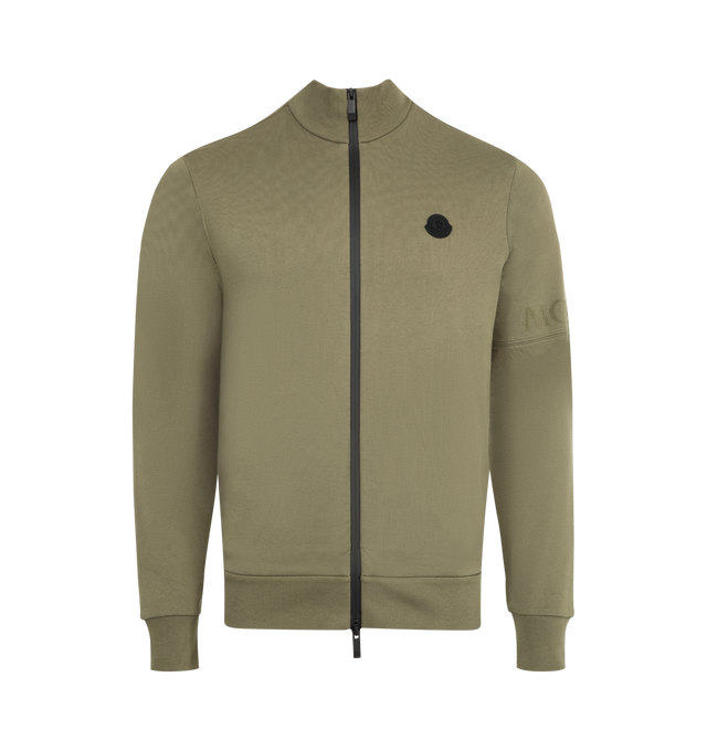 Image 1 of 3 - GREEN - MONCLER Cotton Zip-Up Sweatshirt featuring cotton fleece, stand collar, zipper closure, side pockets, printed logo and silicone logo patch. 100% cotton.