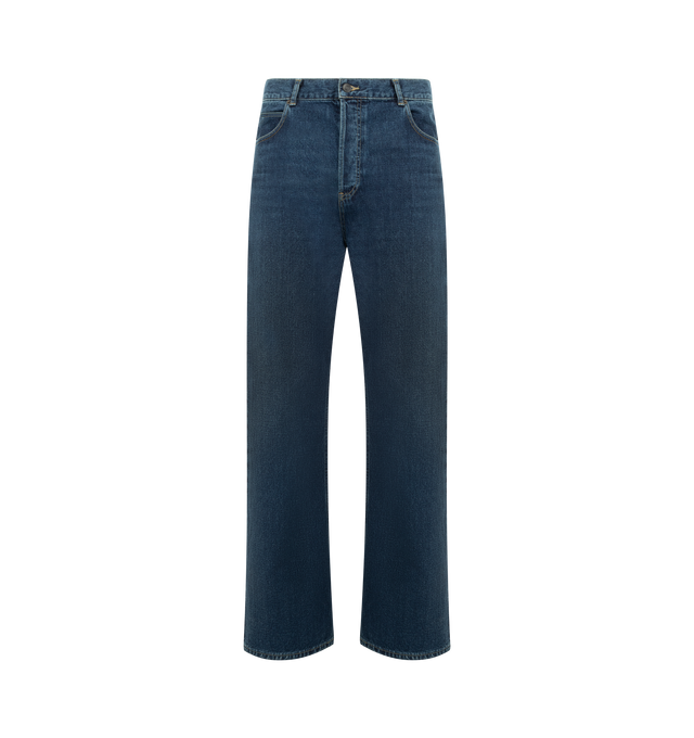 Image 1 of 3 - BLUE - THE ROW Siouxie Jean featuring relaxed mid-rise jean in midweight indigo denim with straight leg, contrast topstitching, and classic 5-pocket construction. 100% cotton. Made in Japan.