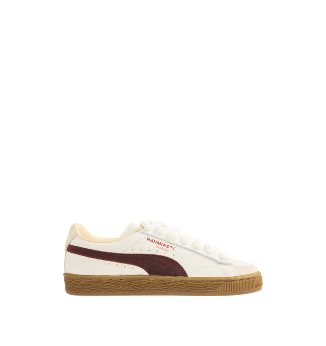 Image 1 of 5 - WHITE - PUMA x NAHMIAS Suede Vintage Sneaker featuring a distressed leather formstrip and trim, crochet laces, PUMA x Nahmias friendship lace beads, a Lets Be Friends interior graphic and round toe.