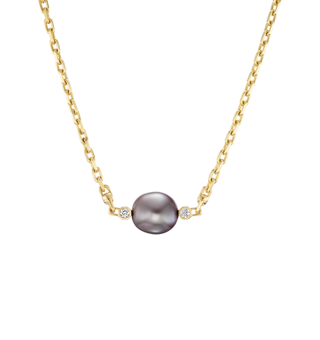 Image 2 of 2 - GOLD - UNIFORM OBJECT Machina Pearl Necklace featuring 10.5G solid 18K yellow gold and 18G of 18K yellow gold chain, 1 TCW round diamonds and 16 inches long. Showcasing a freshwater pearl suspended by 18K yellow gold bolts that enable the pearl to rotate effortlessly. Handmade in New York City