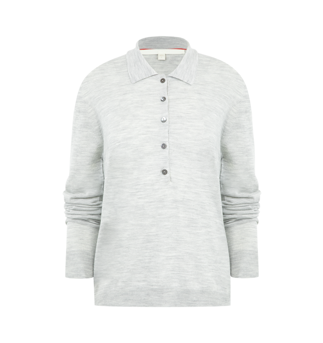 Image 1 of 2 - GREY - RADH The Dea Polo Top featuring a classic polo, finely knit wool, long sleeves, polo collar and button up. Wool.