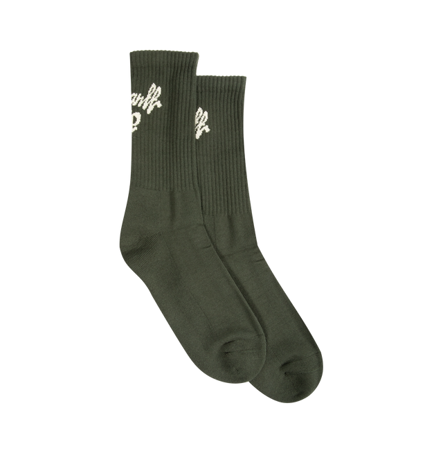 Image 1 of 3 - GREEN - CARHARTT WIP Chedda Socks featuring soft stretch-cotton yarn, rib-knit ankles, french terry panels on the inside of the soles and ajacquard graphic on the back of each sock. 82% cotton, 16% polyester, 2% elastane.