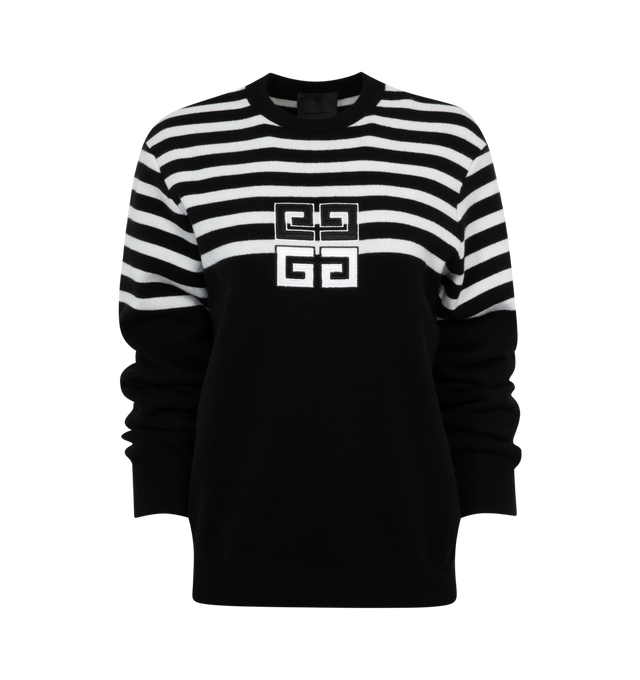 Image 1 of 2 - BLACK - GIVENCHY Wool Sweater with Logo Embroidery featuring striped details and an embroidered "4G" logo at the front, crew neckline, long sleeves, ribbed trim, hip length, pullover style and relaxed fit. 100% wool. Made in Italy. 