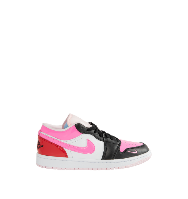 Image 1 of 5 - PINK - Air Jordan 1 Low SE Sneakers are crafted from leather and feature glossy patent accents with a playful mismatched color-block design that gives each shoe a unique look. Designed with a low-top silhouette, they are finished with Nike Swoosh branding, an embroidered Mini Swoosh at the lateral toe, Air Jordan Wings embroidery at the heels, perforated toe boxes, and durable rubber outsoles. Main Material: Leather. Sole: Rubber. Color: Multicolor. Made in womens sizing.