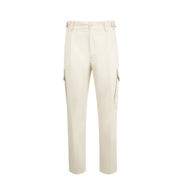 Image 1 of 3 - WHITE - MONCLER Gabardine Cargo Pants featuring stretch cotton gabardine, adjustable waistband with logo straps, zipper and button closure, zipped pocket and cargo pockets with snap button closure. 97% cotton, 3% elastane/spandex.