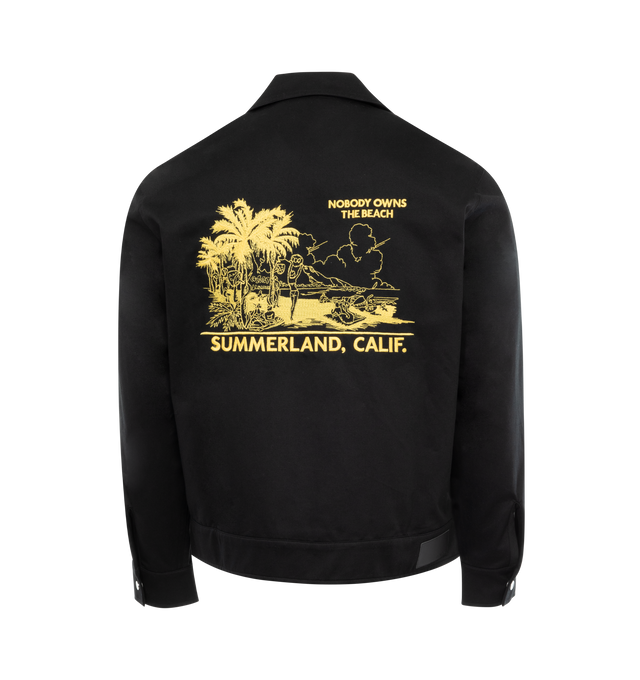 Image 2 of 2 - BLACK - NAHMIAS Landscape Worker Jacket featuring embroidered logo on front and graphic on back, zip up closure, boxy fit, welt pockets and logo snaps. 100% cotton.  