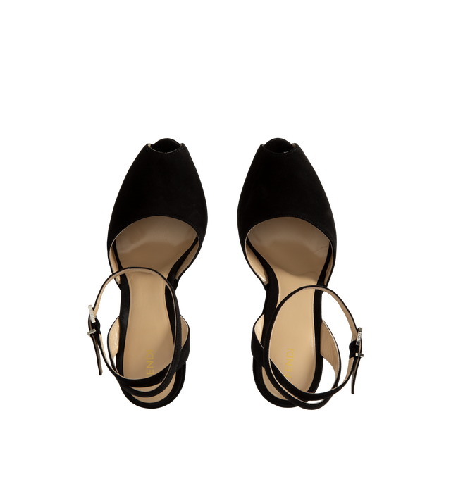 Image 4 of 4 - BLACK - Fendi Women's Illusion Sandals are crafted from suede goat leather and feature an open-toe silhouette, a platform sole, and an adjustable ankle strap. Defined by a transparent-effect architectural heel designed to create a floating illusion, this elevated style combines modern design with refined craftsmanship. Main Material: 100% Suede Goat Leather. Lining: 100% Goat Leather. Heel Height: 125 mm / 4.9 in. Made in Italy.