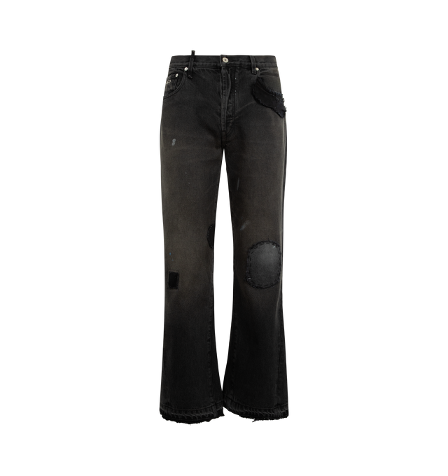 Image 1 of 3 - BLACK - GALLERY DEPT. OG LA Flare Jean featuring slim fit with a classic flare, 5-pocket design, GD custom hardware, reinforced rips and darning, leaving no two pairs the same, debossed tan leather GALLERY DEPT. jacron on the back waistband, hand-painted by our in-house artisans at our Los Angeles maison and released raw hem. 100% cotton. Made in USA.
