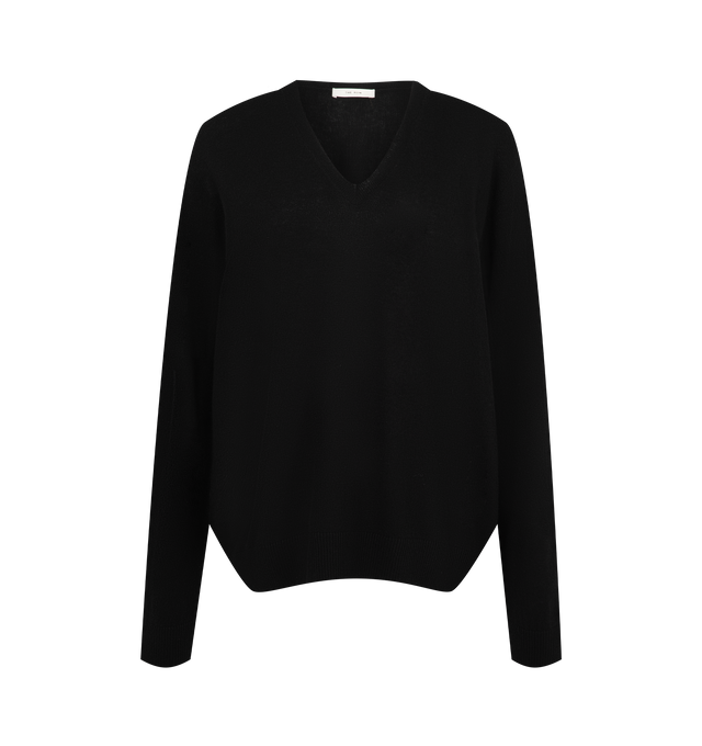 Image 1 of 2 - BLACK - The Row Women's Phora Top is crafted from lightweight cashmere and features a classic V-neckline, long sleeves, and seamless construction for a clean, minimalist silhouette. This designer cashmere sweater combines exceptional Italian craftsmanship with a smooth, single-ply knit that offers lightweight warmth, natural stretch, and everyday comfort. Main Material: 100% Cashmere. Made in Italy.