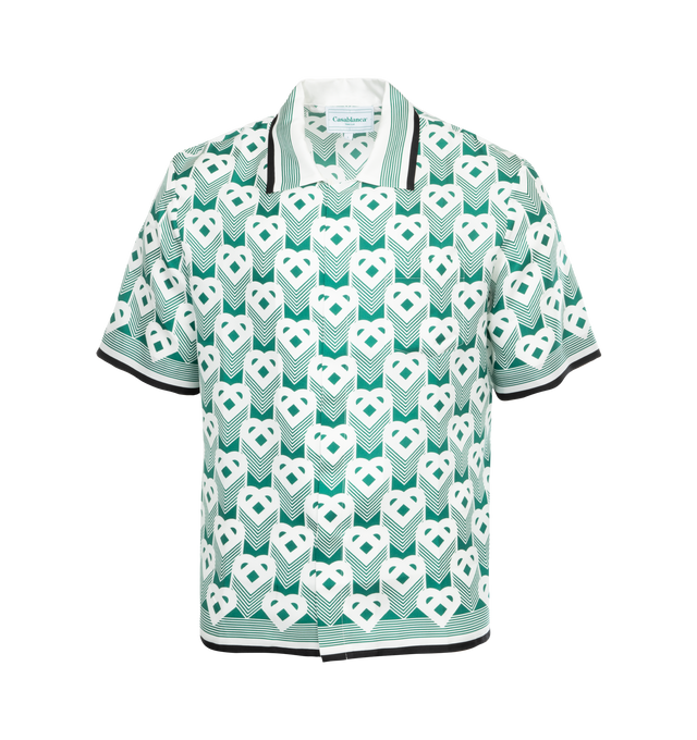 Image 1 of 2 - GREEN - CASABLANCA Cuban Collar Shirt featuring print throughout, notched collar, concealed button placket, chest patch pocket, short sleeves and straight hem. 100% silk. Made in Italy. 