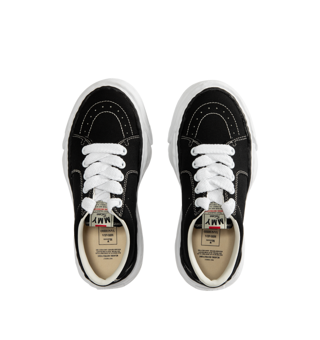 Image 5 of 5 - BLACK - Maison Mihara Yasuhiro Men's Eric Sneakers feature the brand's signature hand-sculpted OG sole, a mixed-material suede and canvas upper, and distinctive toe stitching for a bold contemporary look. Designed for the Spring/Summer 2026 collection, these designer low-top sneakers combine Maison Mihara Yasuhiro's experimental aesthetic with everyday comfort, while the handcrafted-inspired sole and intentional vintage detailing create a truly distinctive silhouette. Main Material: Cow Leath