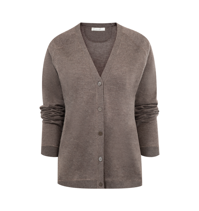 Image 1 of 2 - BROWN - THE ROW Liberty Cardigan in ultrafine cashmere jersey with covered stitch detailing, relaxed fit, v-neck, front button closure, and ribbed cuffs and hem. 100% cashmere. Made in Italy.