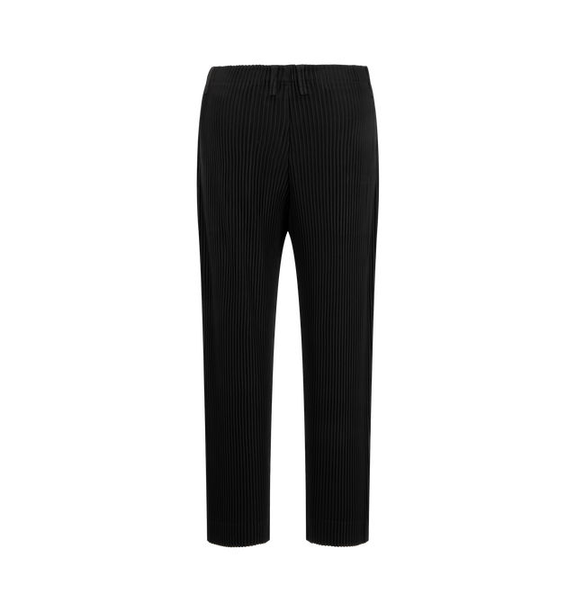 Image 2 of 3 - BLACK - Issey Miyake Pleats Pants are sporty straight pants. They are characterized by their portability and light comfort with the unique quick-drying property of polyester material. There are pockets on both sides and a drawcord at the waist, along with a button-fly design. Material: 100% Polyester. Made In Japan.