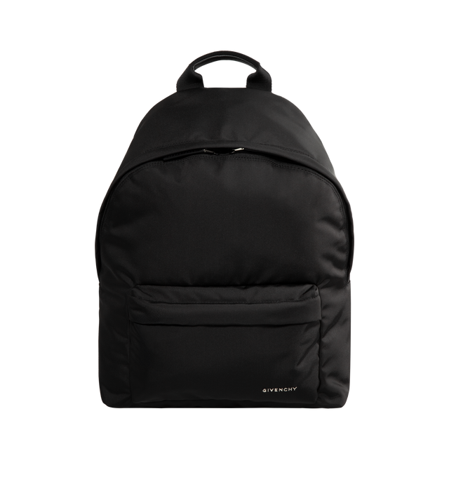 Image 1 of 3 - BLACK - GIVENCHY Essential U Backpack featuring zipper closure with double leather zipper pull, metal GIVENCHY signature on the front, comfortable adjustable padded straps, one zippered pocket on the front and one flat pocket inside. 12.6 in x 16.9 in x 7.9 in. 100% polyamide. Secondary material: 100% calfskin leather. Made in Italy.