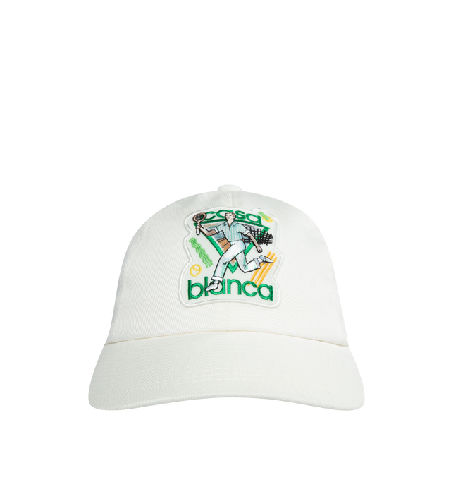 Image 1 of 2 - WHITE - CASABLANCA LE JEU EMBROIDERED CAP features the house's signature artwork reinterpreted on the center front, adjustable hook-and-loop on the back, rendered in cotton, curved brim and five panel design. 100% cotton. 