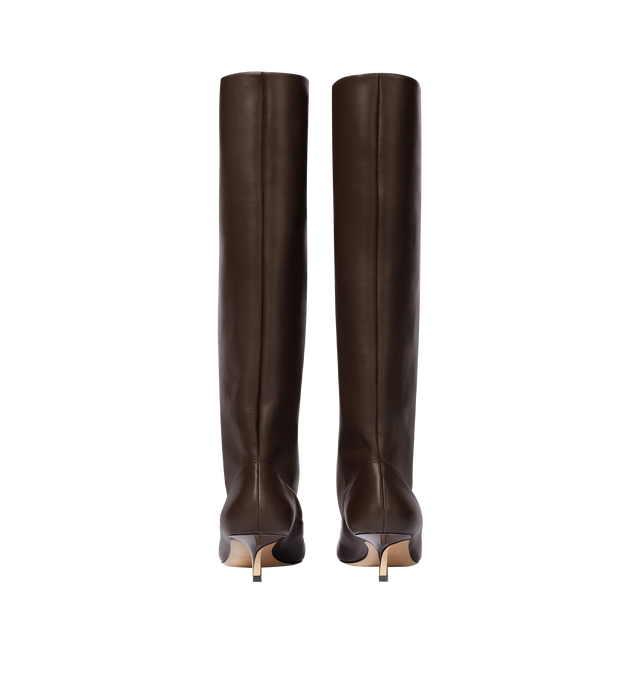 Image 4 of 4 - BROWN - JACQUEMUS High Tourni Boots featuring structured tubular boots in smooth leather, Trompe-l'oeil smooth leather pump shape, pointed toe, cut below the knee, lambskin leather insole and lining, 4.5cm asymmetric twisted heels with lacquered finish and contrast outsole. 100% calf leather. Outsole: 100% cow leather. Made in France.