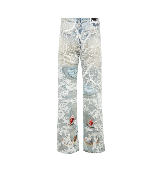 Image 2 of 3 - BLUE - WHO DECIDES WAR Chalice Jeans featuring nNon-stretch denim, fading and distressing, embroidered graphics, beaded mesh overlays, belt loops, five-pocket styling, zip-fly, leather logo patch at back waistband and contrast stitching in tan. 100% cotton. Made in China. 