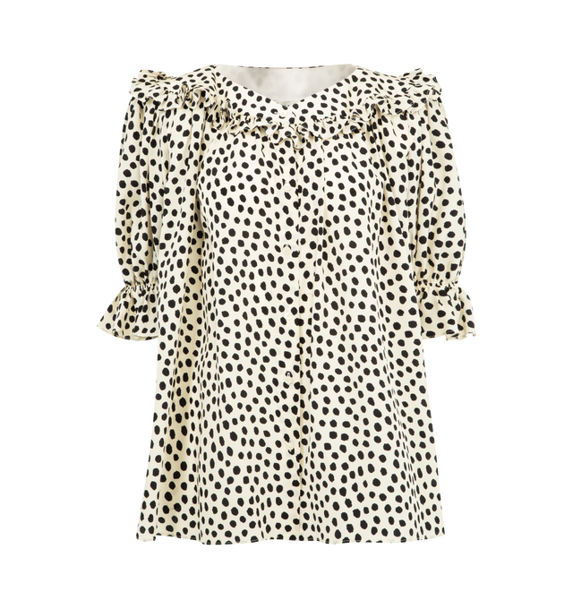 Image 1 of 2 - WHITE - CHLOE Puff-Sleeve Ruffle Top featuring organic silk crpe de chine with a dots print, elbow-length sleeves and mother-of-pearl buttons. 100% silk.
