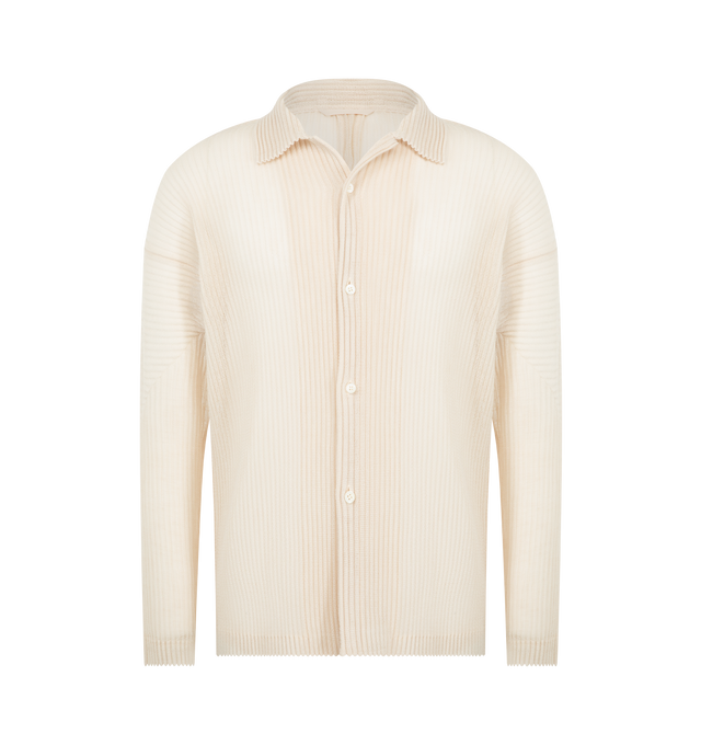 Image 1 of 2 - NEUTRAL - Issey Miyake Mens Open-Collar Shirt is crafted from lightweight mesh fabric with a structured feel. Features an open collar, button-front closure, pleated construction, and a relaxed silhouette designed for layering. Main Material: 100% Polyester. Made in the Philippines.