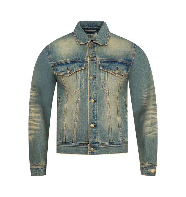Image 1 of 3 - BLUE - MIDNIGHT RODEO Distressed Vintage Wash Trucker Jacket featuring a slim, cropped fit, heavy whiskering and all-over distressing for a worn-in, sun-faded look, front button closure, spread collar, button cuffs, chest button-flap pockets, front welt pockets, adjustable button side tabs, custom MR-branded hardware and signature embroidered branding at the upper back. 100% cotton.