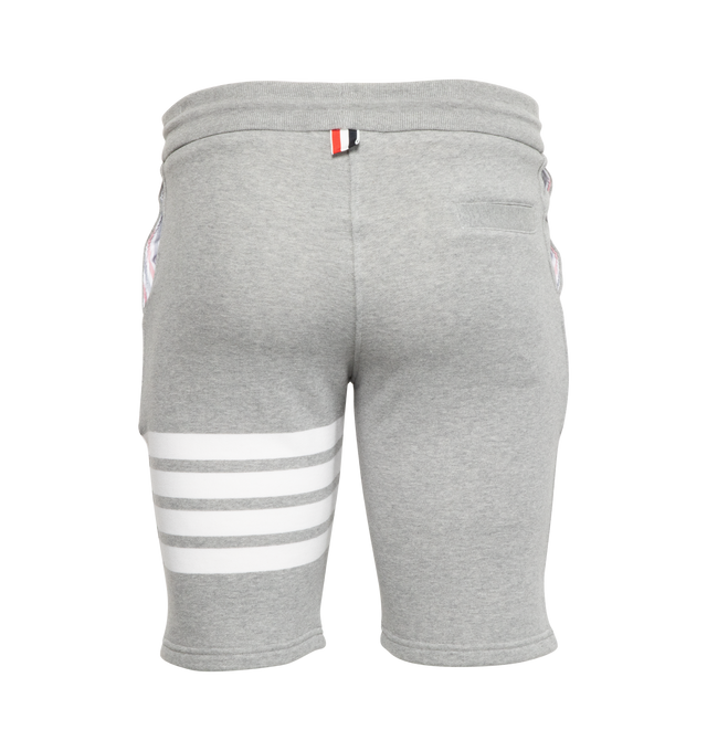 Image 2 of 4 - GREY - THOM BROWNE cotton sweat shorts with pull-on elasticized waist featuring drawcords and stripe detail at leg. 