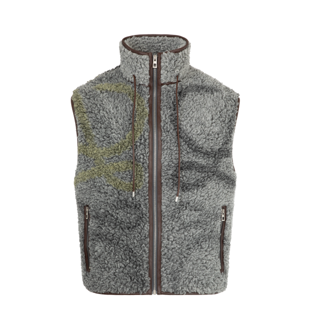 Image 1 of 2 - GREY - Loewe Men's Vest in medium-weight fleece jacquard featuring a placed Anagram motif at the front and back. Relaxed fit, regular length featuring high collar with leather drawstring, leather binding, zip front fastening and zipped jet pockets. Wool/Polyamide. Made in Italy.