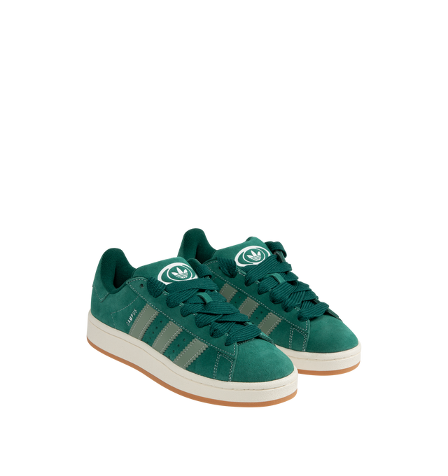 Image 2 of 5 - GREEN - ADIDAS Campus 00's shoes in an iconic silhouette updated in modern materials, colors and proportions. Featiring a premium leather upper lined with soft textile terry fabric, off-white midsole, rubber outsole and lace closure. Unisex style in men's sizes.
