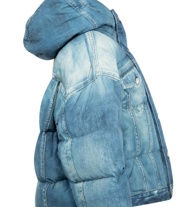 Image 3 of 3 - BLUE - ACNE STUDIOS Puffer Down Jacket featuring water-repellent nylon with a denim trompe-loeil print, a raised neckline and hood, welt pockets, a padded silhouette, cut to a relaxed fit and below-waist length. 100% polyester. Lining: 100% nylon. Filling: 90% duck down, 10% duck feathers.